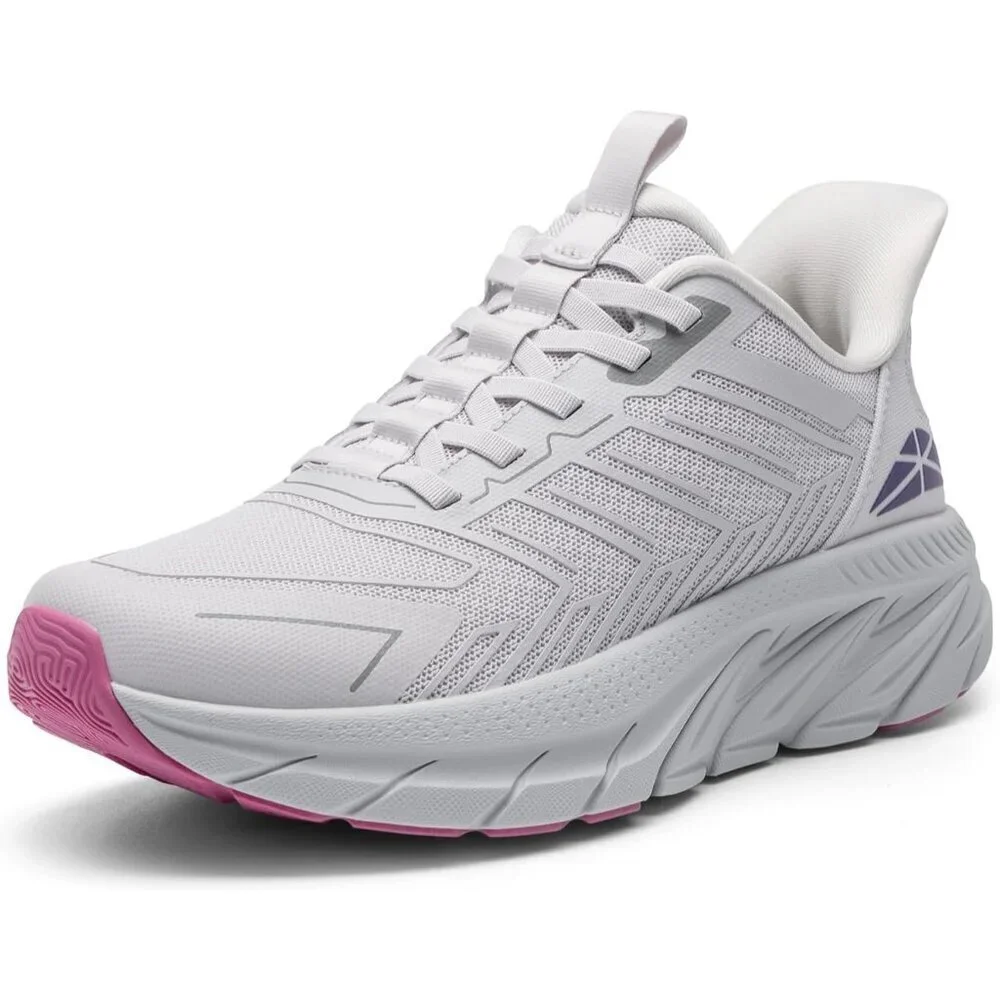 Women's Light Grey Purple Walking Shoes Comfort Breathable Non-Slip Gym Sneaker